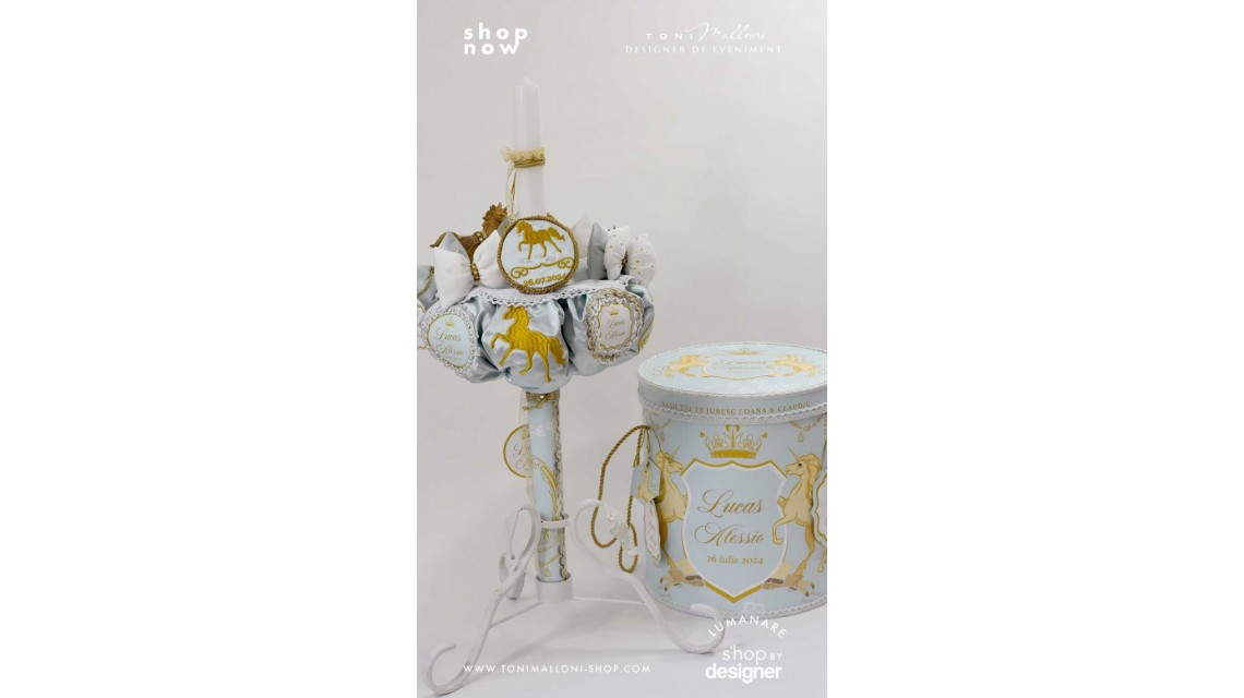 Lumanare botez regala cu broderie personalizata Royal Horse Gold 2